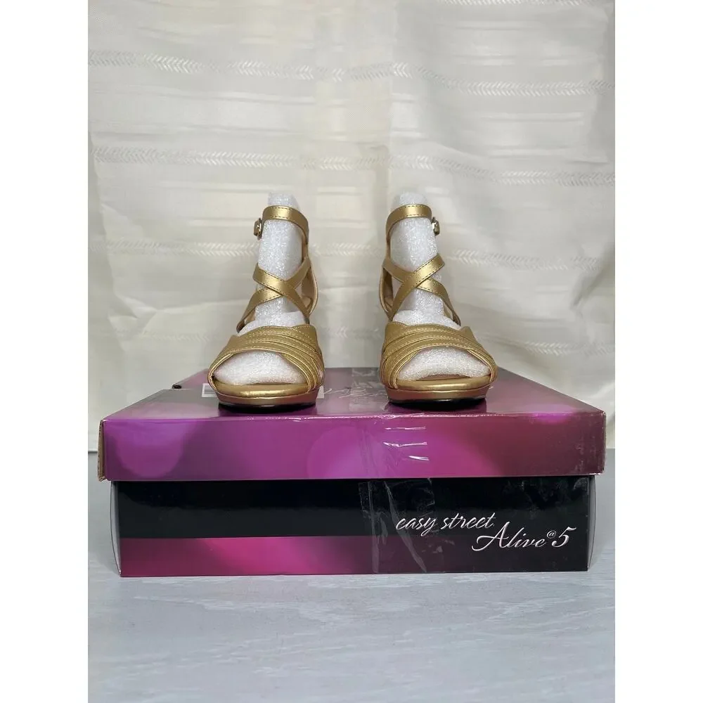 Easy Street Crissa Platform Dress Sandals Gold Satin Womens Size 8M